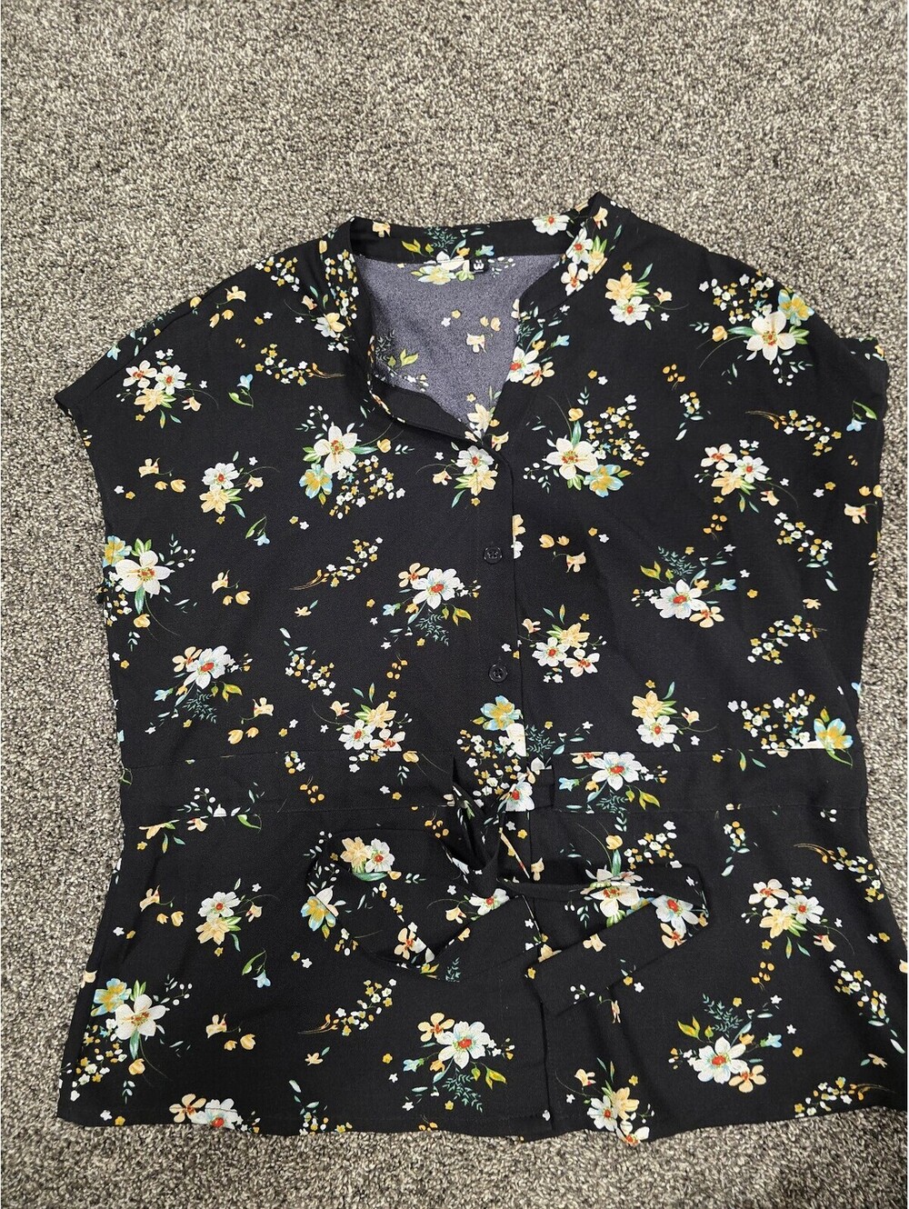 CiciBird Black Floral Button-Up Top with Tie Waist, Size Medium